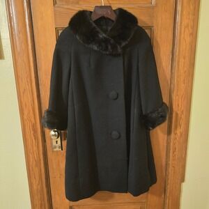 Luxury Vintage GOLET ORIGINALS Black Coat Real Mink‎ Fur Collar & Cuffs 1950s